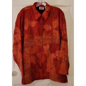 Chicos Design Red Orange Floral Beaded Silk Long Sleeve Shirt Top Size 2
